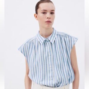 H&M blue & white striped linen blend blouse size M